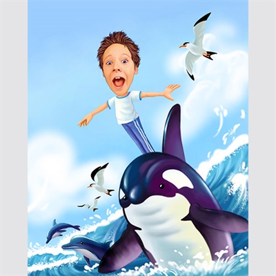 Boy Surfing with Dolphin Caricature from Photo - myDaVinci